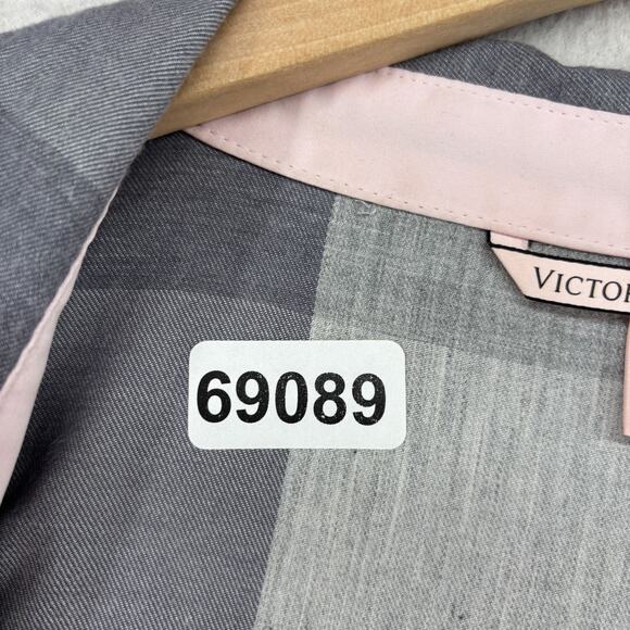 VICTORIAS SECRET Sleepshirt L Check Button Front Long Sleeve PJ Top Gray - Picture 15 of 15